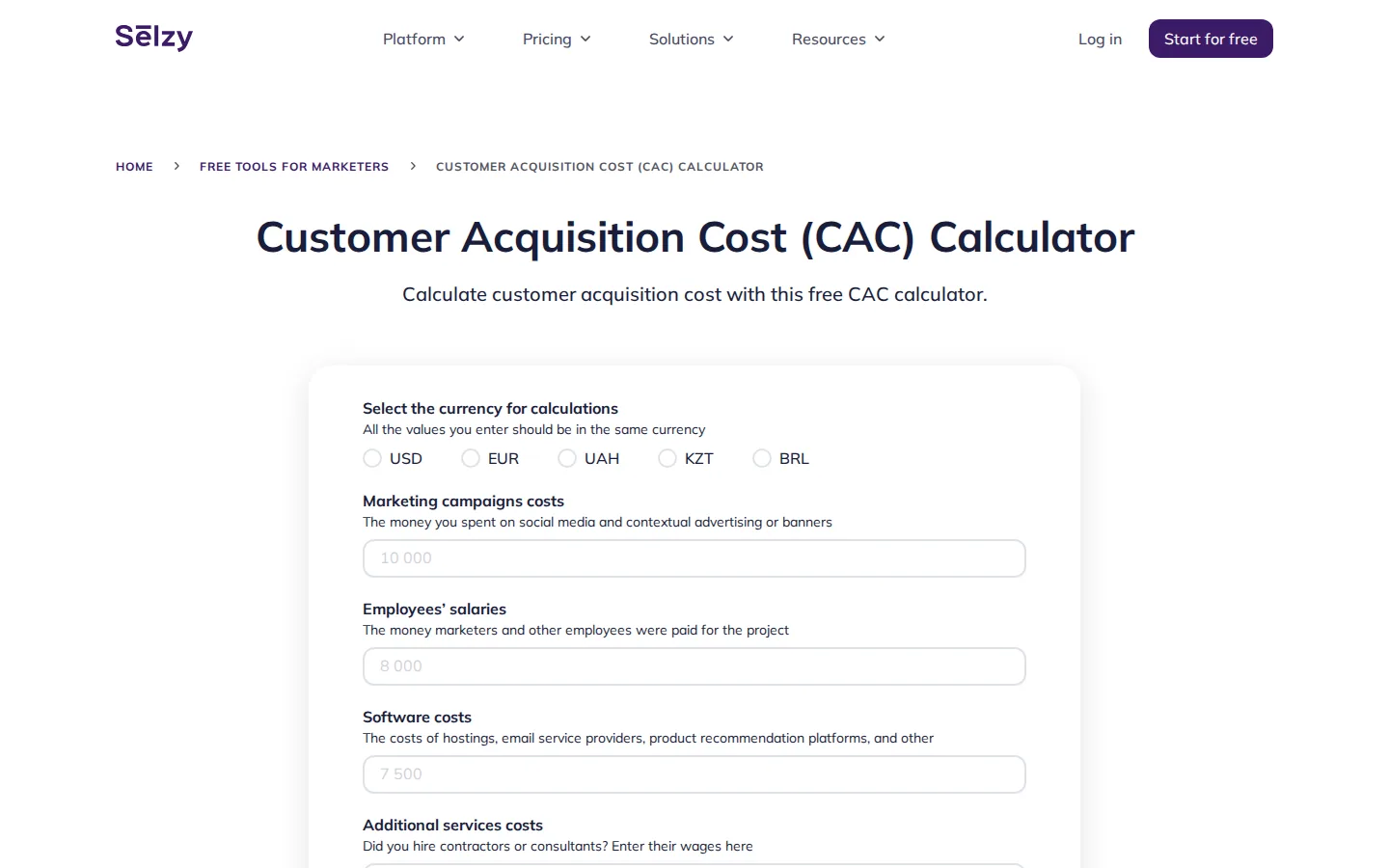 Selzy Customer Acquisition Cost (CAC) Calculator