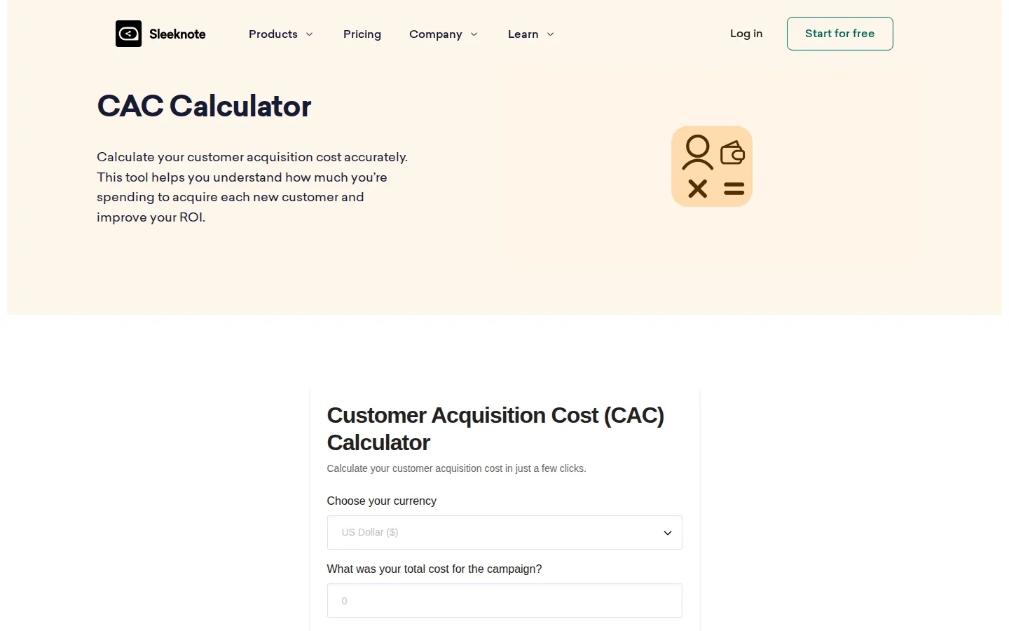 Sleeknote CAC Calculator for quick, shareable acquisition metrics