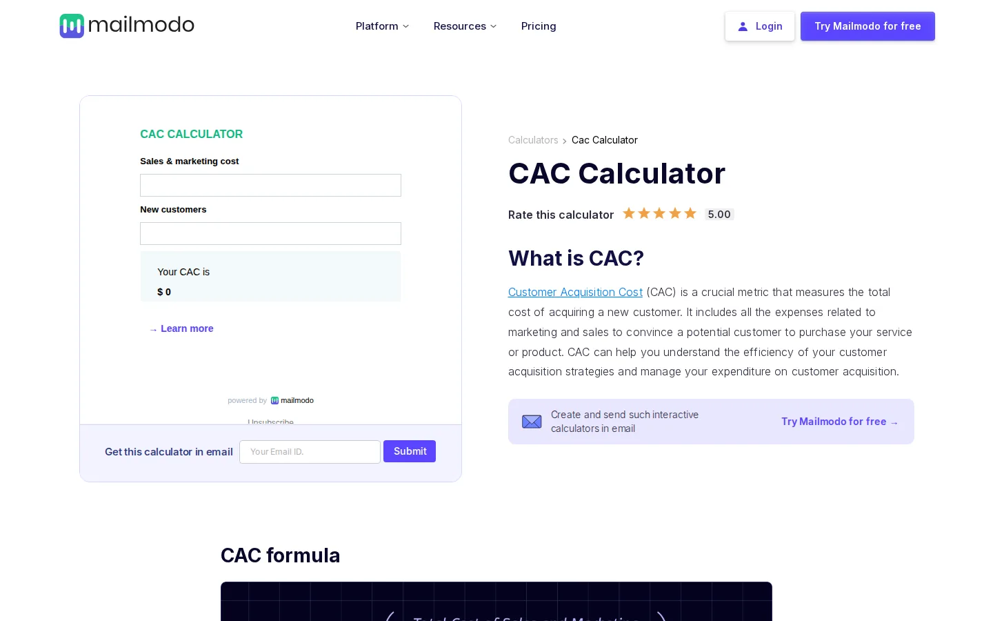 Mailmodo CAC Calculator: clear inputs, instant acquisition-cost math