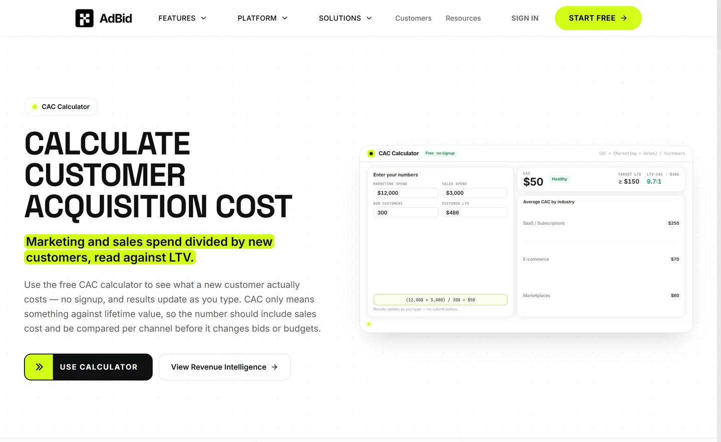Adbid CAC Calculator with LTV context by channel