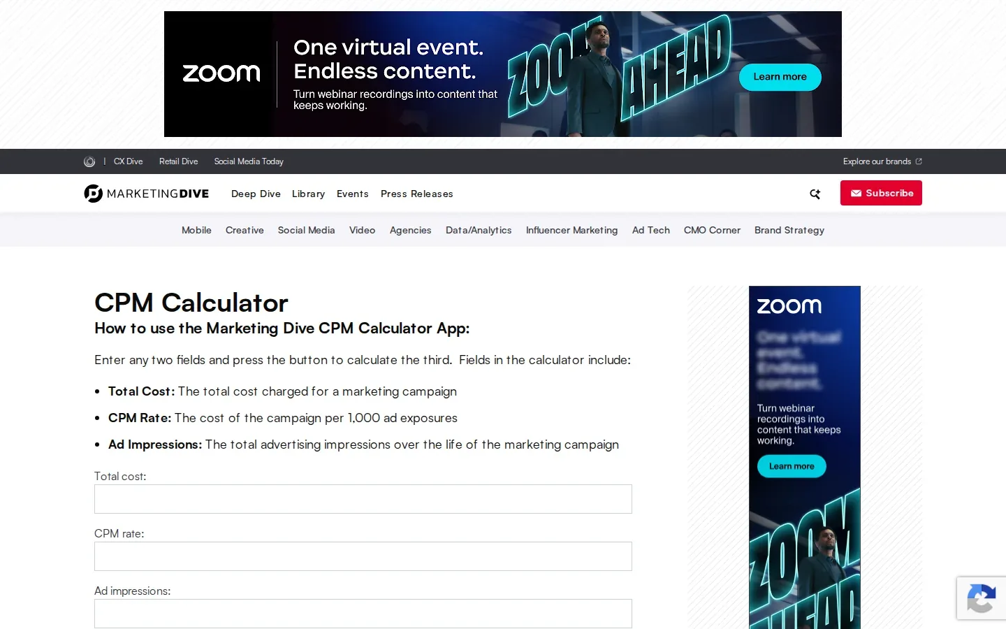 Marketingdive — CPM Calculator Review