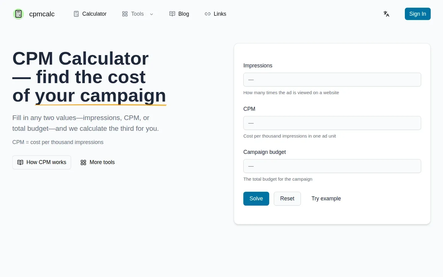 CPM Calculator: clean media-rate math for impressions, CPM, and budget