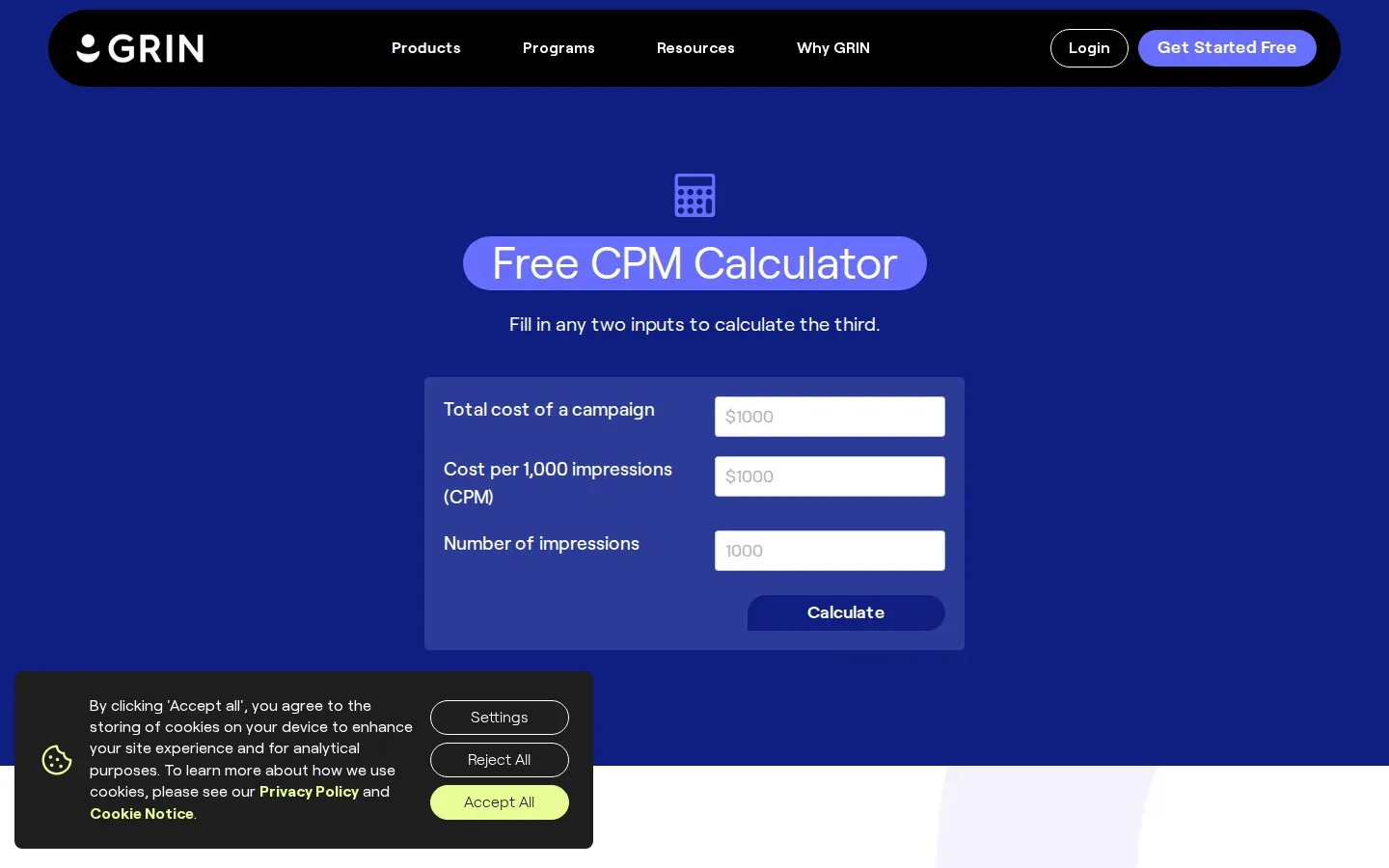 Grin — Free CPM Calculator review