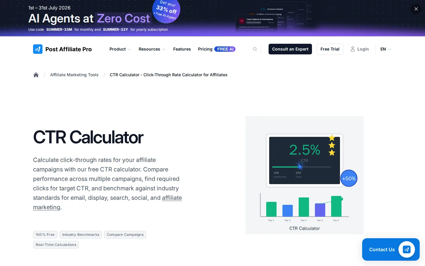 Postaffiliatepro — CTR Calculator: benchmarked click-through analysis for affiliates